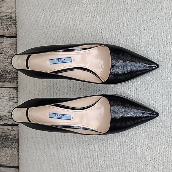 Prada Saffiano Vernice Textured Leather Pointy Toe Stiletto Pumps in Black - Picture 1 of 17